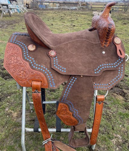 16"  Tough 1 suede/blue  buckstitched Western barrel saddle w/tooled accents