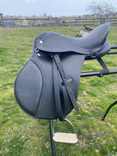 14" Black w/purple leather child's AP English saddle w/leathers & irons