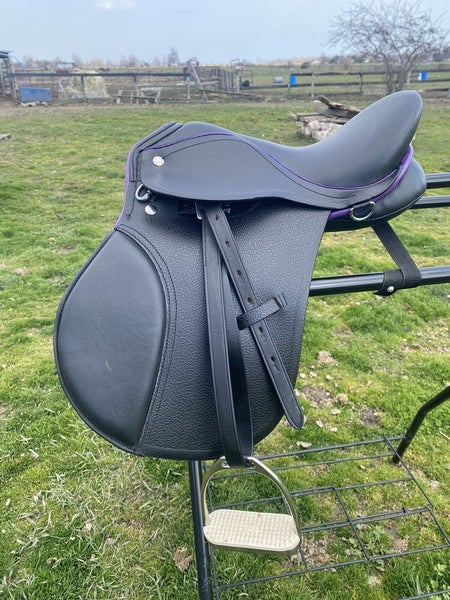 14" Black w/purple leather child's AP English saddle w/leathers & irons