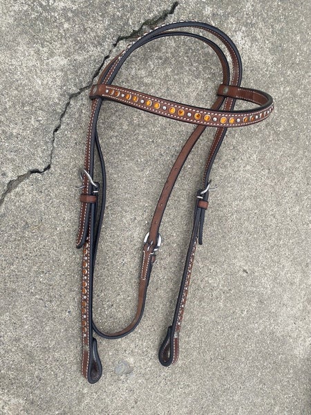 Riata brown leather Western browband headstall w/orange crystals, silver spots