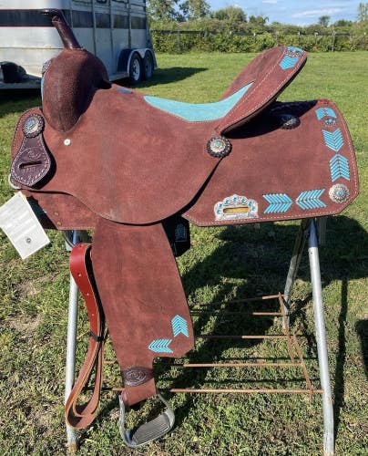 16"  Circle S dark brown roughout  Western barrel saddle w/turquoise accents