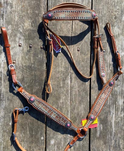 Showman pink/teal gator print inlay Western  headstall/breastcollar tack set