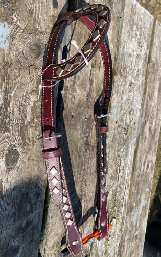 Western one ear headstall w/chrome plated diamonds, brown leather