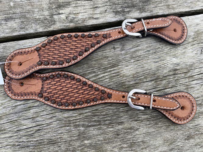 Epic Animal Western spur straps brown basket stamped leather w/copper spots