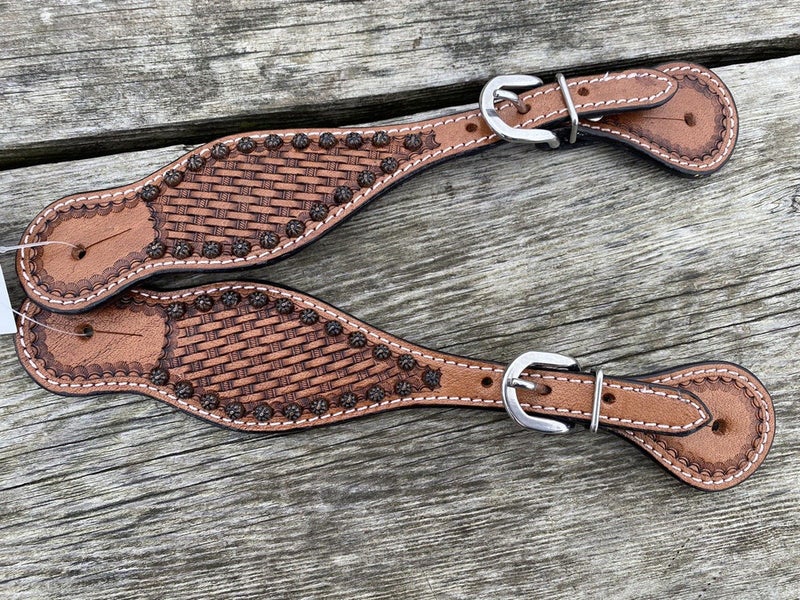 Epic Animal Western spur straps brown basket stamped leather w/copper spots