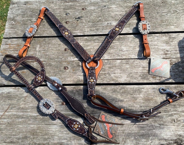 Circle Y Marlene McRae crystal flower Western headstall & breast collar tack set