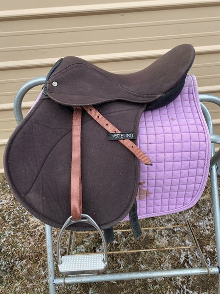 Used 15" child's brown Synthetic EURC AP English saddle w/fittings, pad UK made