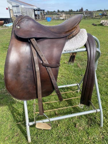 Used 16.5"  Whippy English dressage saddle w/pad, fittings, girth, UK made