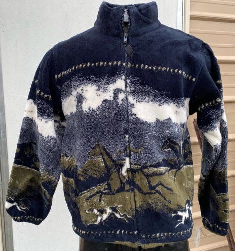 Ladies XXS Greenfleece zip front fleece jacket navy & green w/horses US made