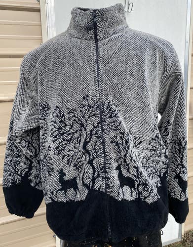 Ladies S black/white deer & trees Greenfleece zip front fleece jacket US made