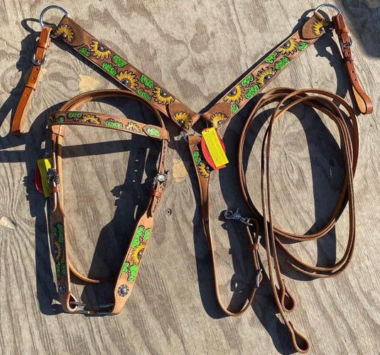 Showman sunflower & cactus Western headstall/ breast collar w/copper conchos