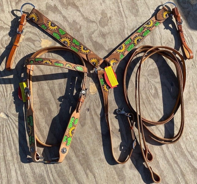 Showman sunflower & cactus Western headstall/ breast collar w/copper conchos