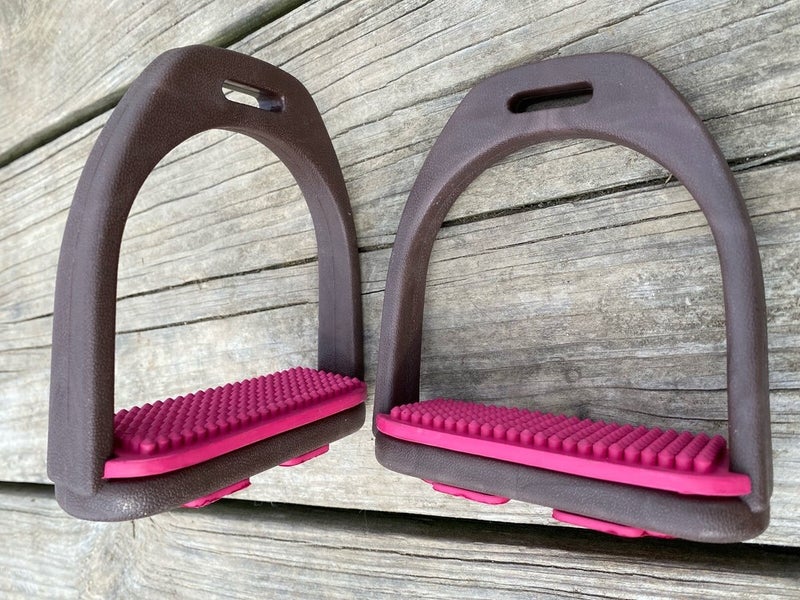 4.5" Lightweight brown poly English stirrups irons w/pink pads