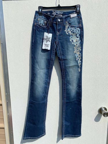 Rockin' Star embroidered Fleur-De-Lis bootcut low rise stretch denim jeans