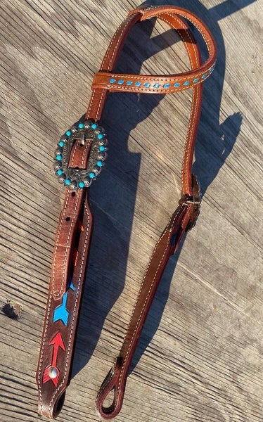 Western one ear headstall w/painted arrows, turquoise buckstitching