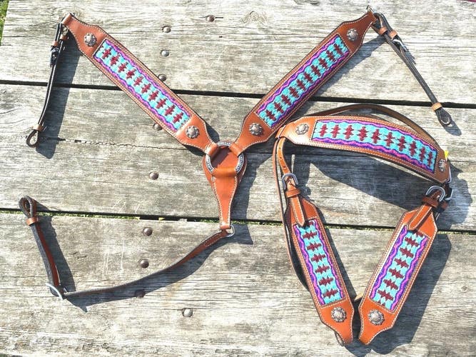 Turquoise, pink, burgundy Western breast collar/headstall set w/copper conchos