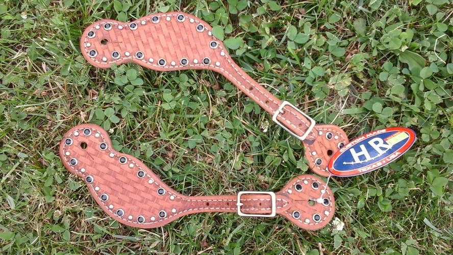 Custom HR Western spur straps naturaL BSK  w/black crystals & dots #7528L
