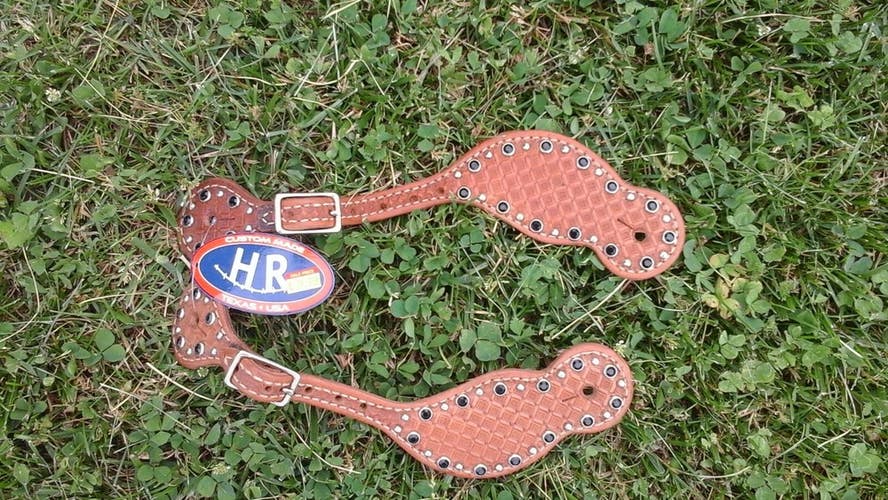Custom Made HR Western spur straps natural WF w/black crystals & dots #7528L USA