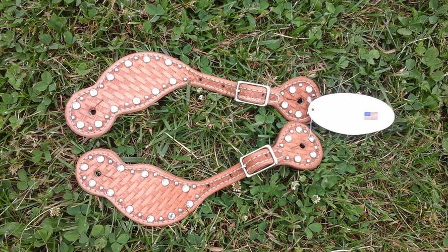 Custom HR Western spur straps natural BSK w/Clear crystals & dots #7528L USA