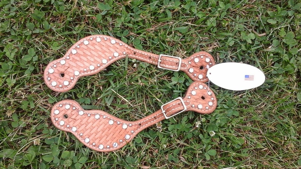 Custom HR Western spur straps natural BSK w/Clear crystals & dots #7528L USA