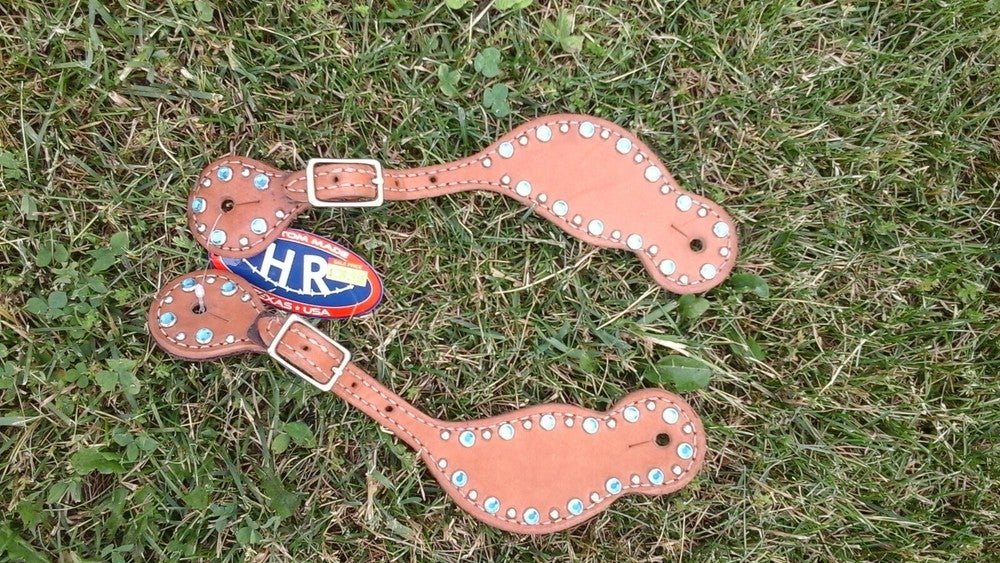 HR Western spur straps natural smooth w/Turquoise crystals & dots #7528L USA
