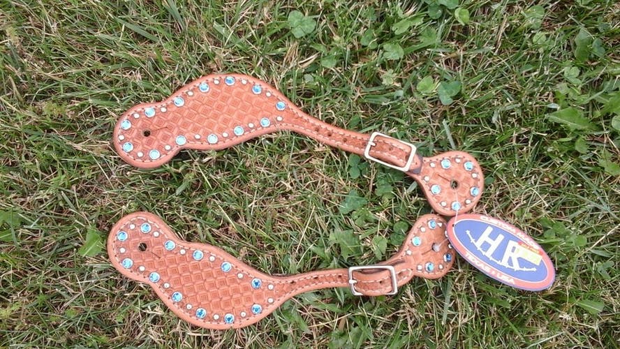 Custom Made HR Western spur straps natural WF w/blue crystals & dots #7528L USA