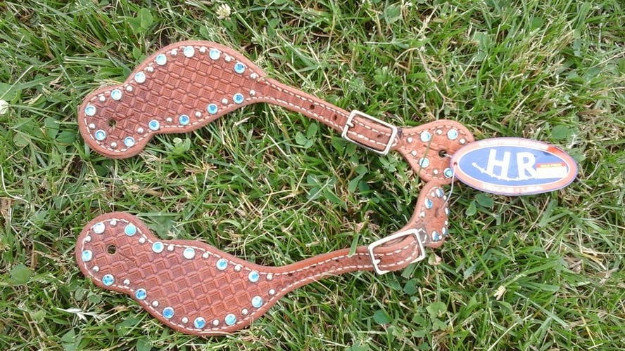 HR Western spur straps natural WF w/Turquoise crystals & dots #7528L USA