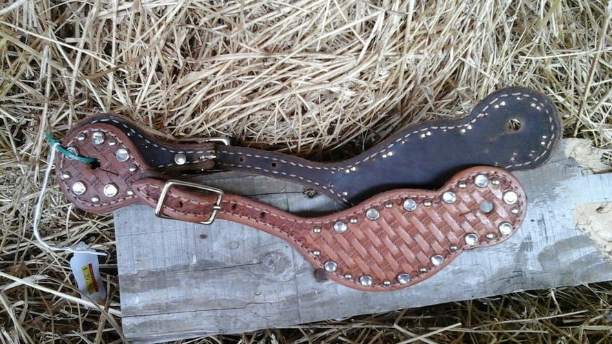 NWOT HR Western spur straps natural BSK w/Clear crystals & dots #7528L USA