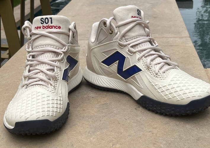 Cream & Navy -  Men's Size M 12.0 (W 13.0) Adult New Balance High Top Turf Cleats (New)