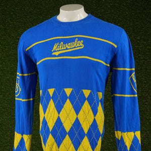 Mens XL Milwaukee Brewers Royal Retro Stripe Pullover Sweater Blue / Yellow VGC