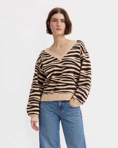 Levi's Flower Sweater Womens Large Marzipan Wavy Zebra Long Sleeve V-Neck NLW295