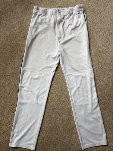 White w Navy Blue Pinstripes, Men's Large Adult Rawlings Game Pants (slightly used)