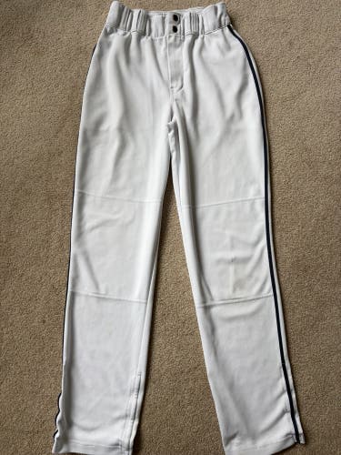 White w Navy Blue Pinstripes, Men's Medium, Adult, Baseball Express, Game Pants (slightly used)