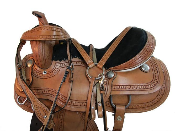 BARREL SADDLE WESTERN HORSE PLEASURE TRAIL USED RODEO TACK SET 15 16 17 18
