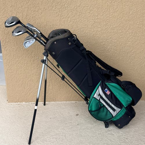 US Kids Green Golf Set, UL4 Driver3W 5,6,8,PW, Putter, Bag, 54" To 60" Tall EUC