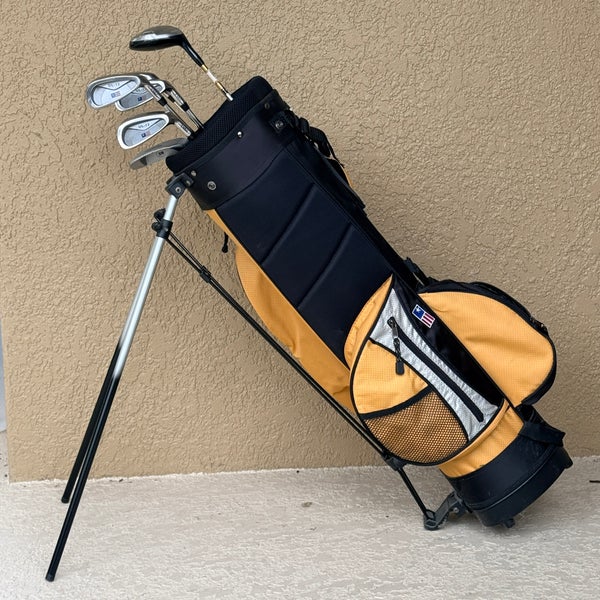 US Kids Orange Golf Set, UL12 4Hybrid 5,6,8,9iron, Putter, Bag, 45" To 60" Tall