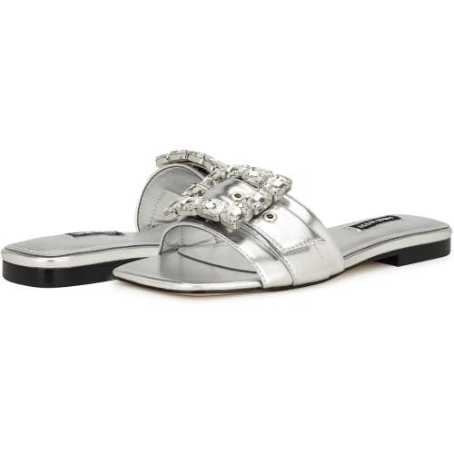 Nine West Matter Sandals Women's 7.5 Silver Metallic Slip On Square Toe HTAT729