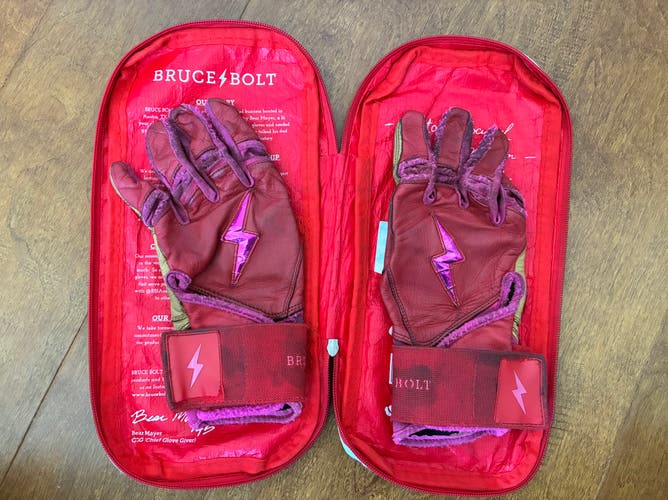 BRUCE BOLT BATTING GLOVES BADER SERIES ADULT SMALL PINK AND RED USED SEE PHOTOS