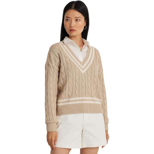 Lauren Ralph Lauren Sweater Women's XS Beige Striped Cable-Knit V-Neck FROG345