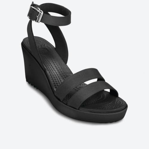 Crocs Leigh 205750-060 Sandals Women's US 7 Black Ankle Strap Wedge Heel RHS8271