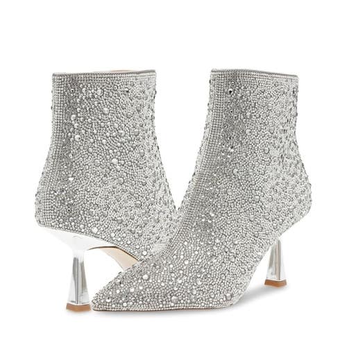 Steve Madden Flashee Boots Women's 7.5 Silver Rhinestone Ankle Bootie RHS8354