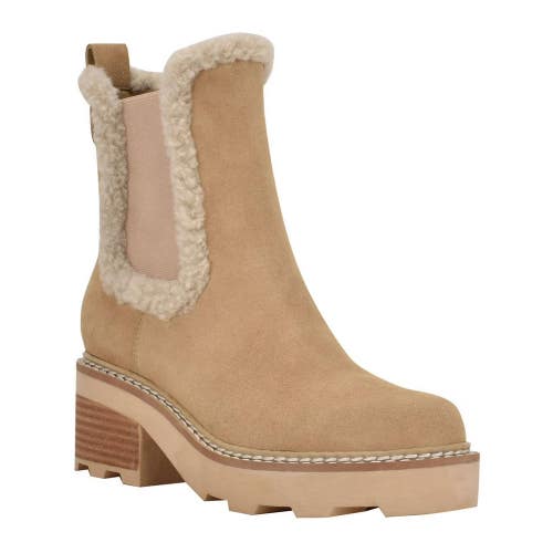 Calvin Klein Anissa Boots Women US 7.5 Beige Suede Faux Shearling Chelsea KHD575
