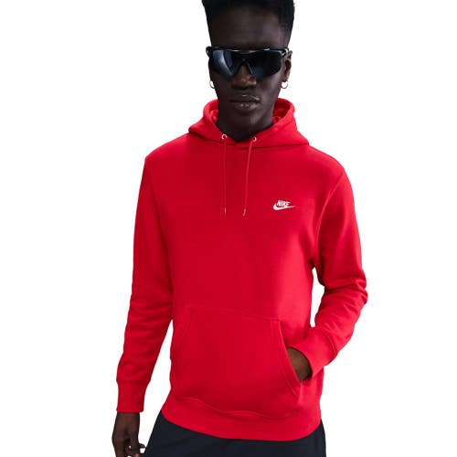 Nike Club Hoodie Men's University Red Embroidered Brushed Fleece Pullover DAB303
