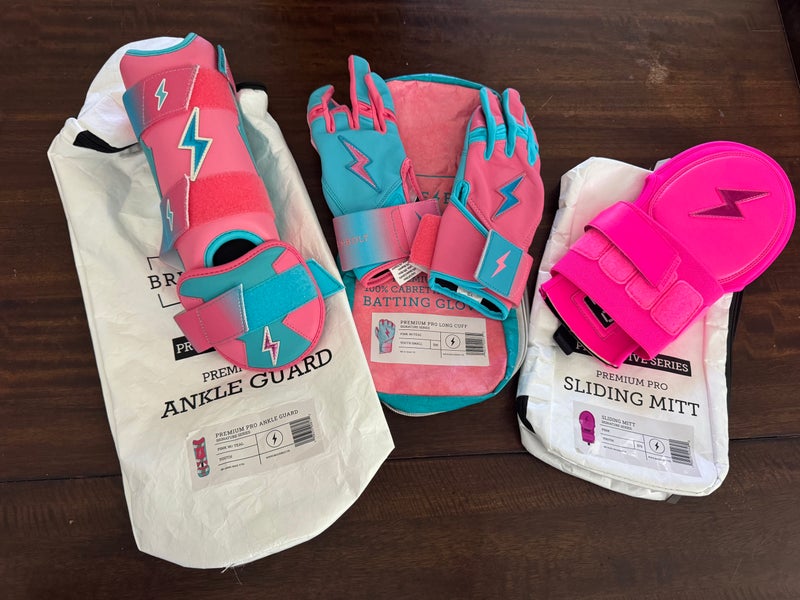 New Max Clark Bruce Bolt Batting gloves, leg guard and sliding mitt