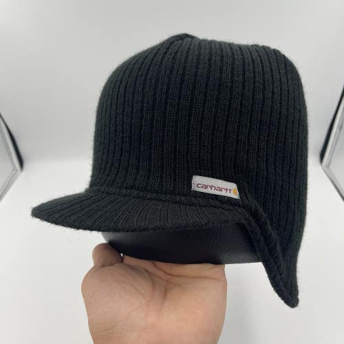 Carhartt Brimmed Beanie With Ear Flaps Black Fleece Lined Knit Visor Hat 104486