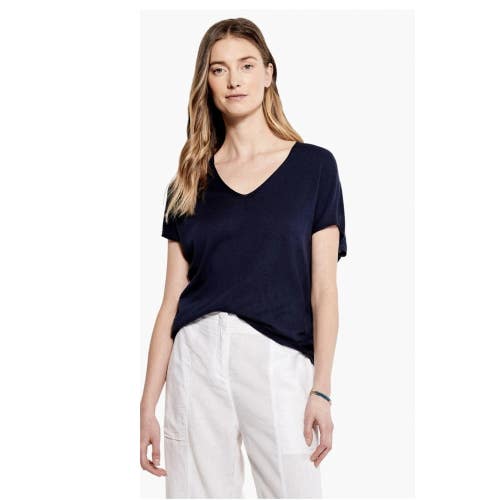 NIC+ZOE Sweater Women's Large Dark Indigo Cap Sleeve V-Neck Relaxed Fit FROG449