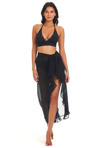 Bleu Rod Beattie Gypset Cover Up Women's Large Black Long Ruffle Sarong FROG452