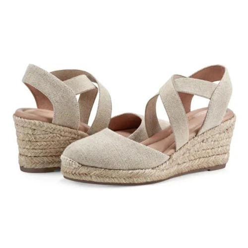 Easy Spirit Meza Sandal Women's 8.5 Beige Slip On Wedge Heel Espadrille HTAT538
