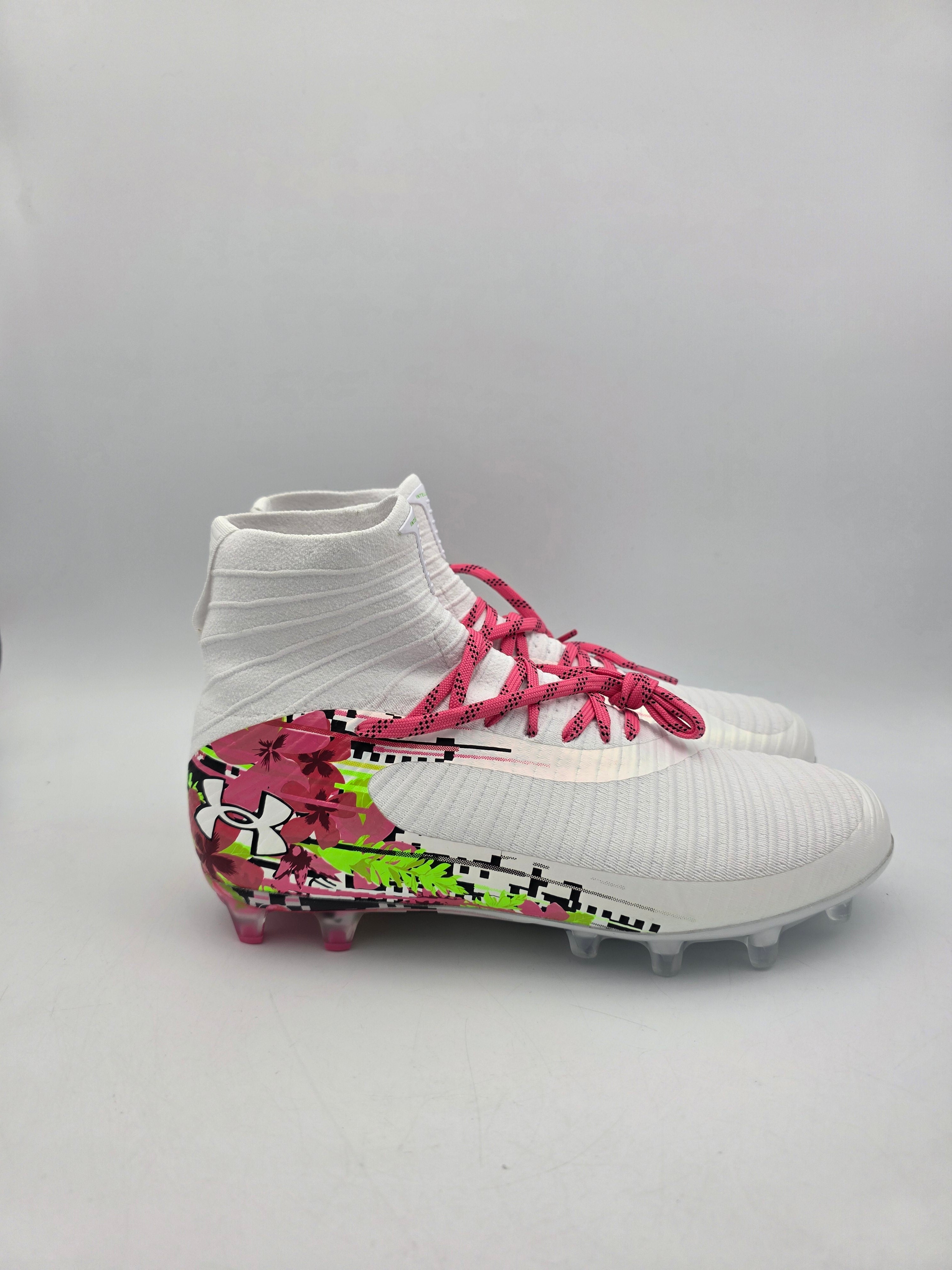 Under Armour White lacrosse/football Cleats with Pink & Neon Green Floral Accent AG-Football-Boots-Unisex main image 2