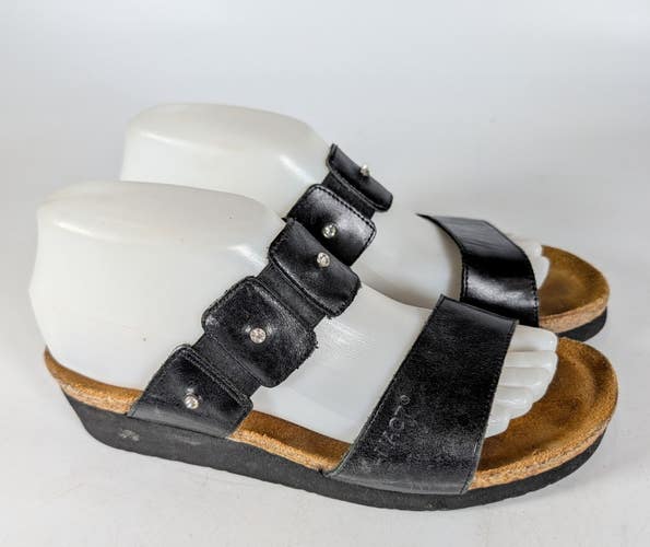 Naot Womens Ashley Rhinestones Black Leather Strap Slide Size 39 US 8